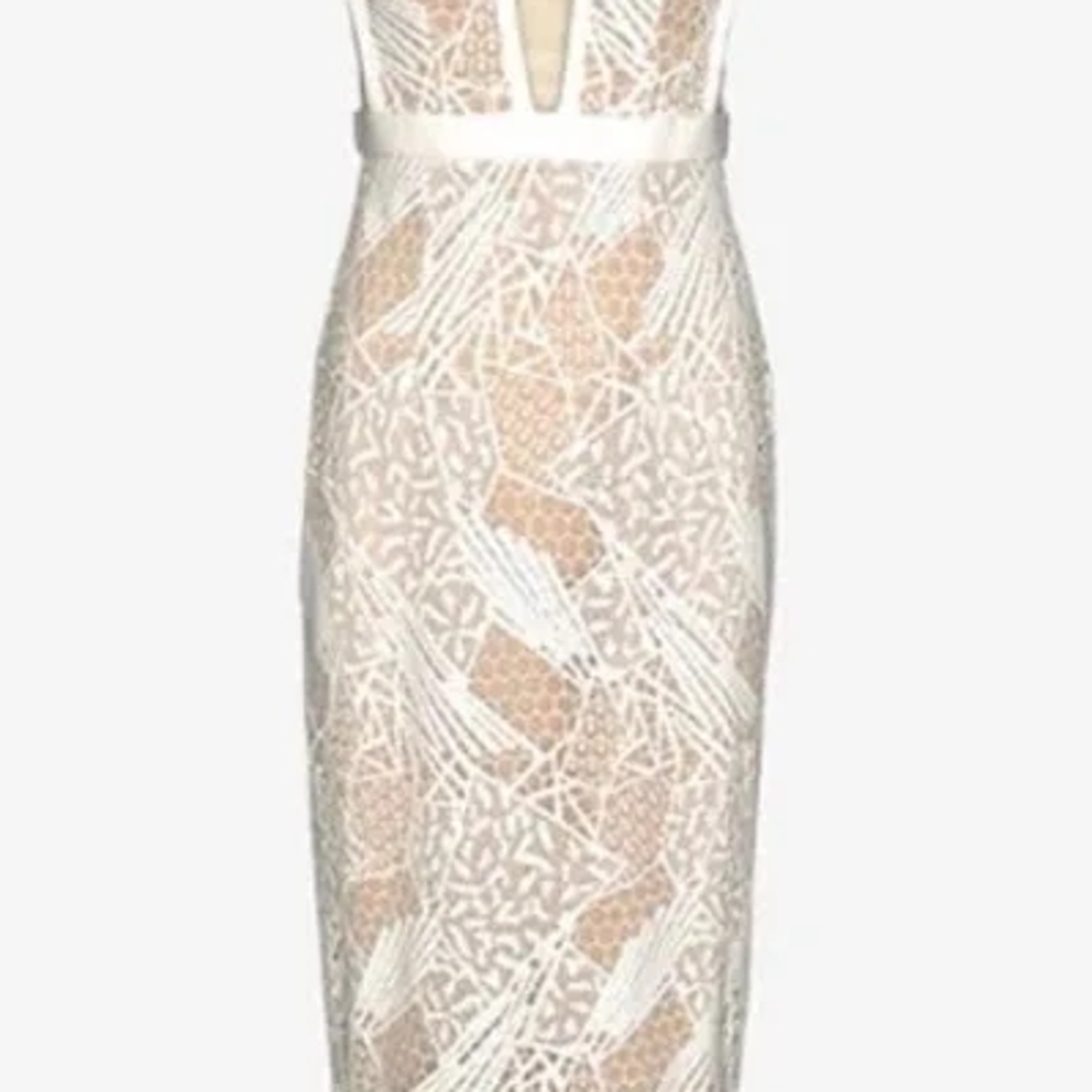 Manning Cartell White and Cream Sheath Dress Plunge Neckline Sleeveless
